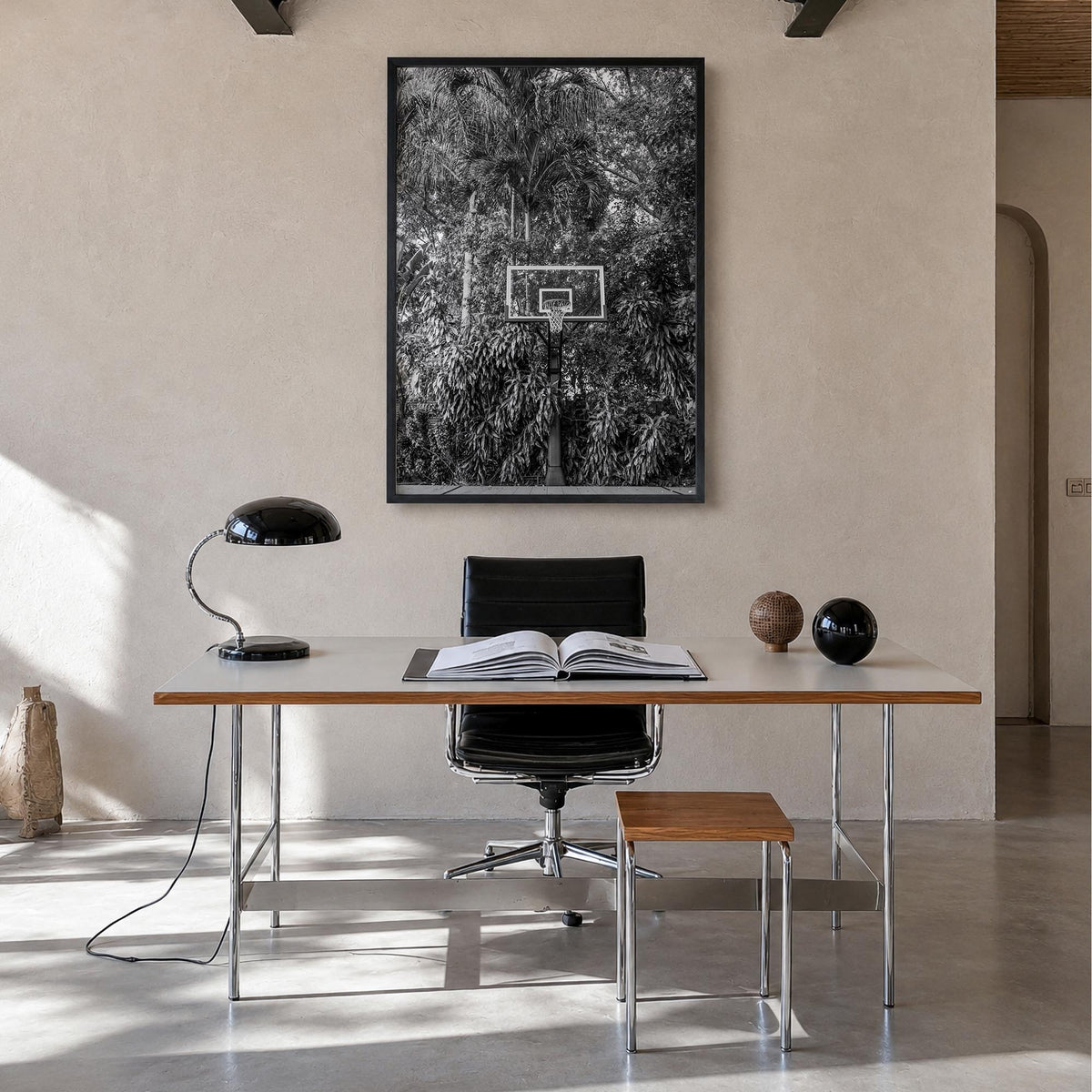 Basketball Court no. 2 black & white photo poster – vertical wall art in black wood frame, hanging on wall