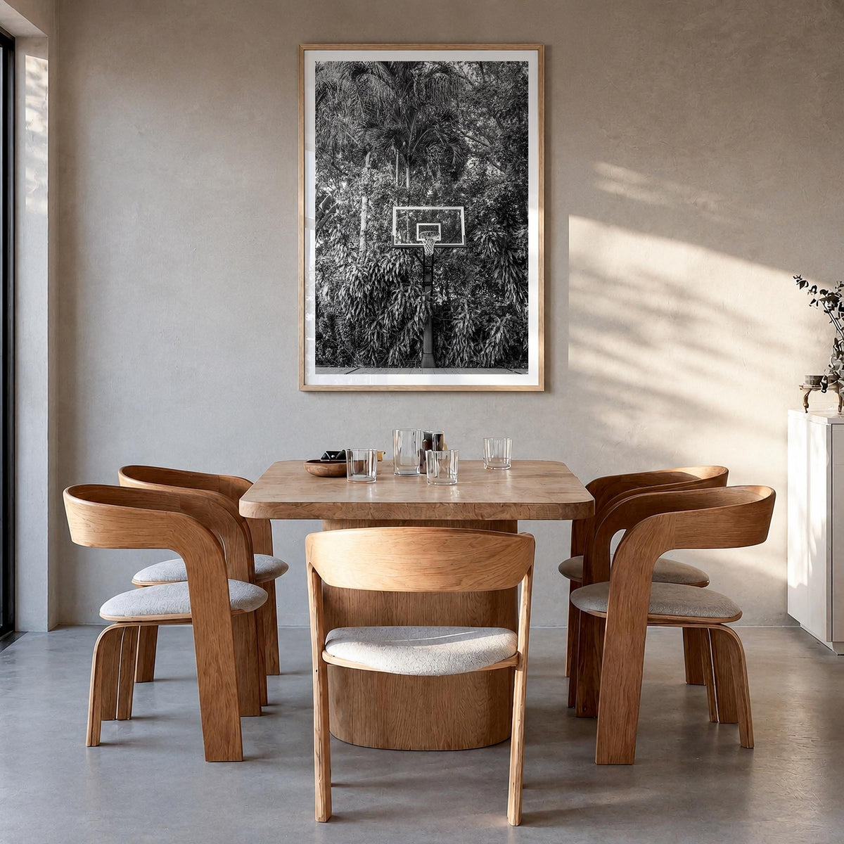 Basketball Court no. 2 black & white photo poster – vertical wall art in natural wood frame with white border, hanging on wal