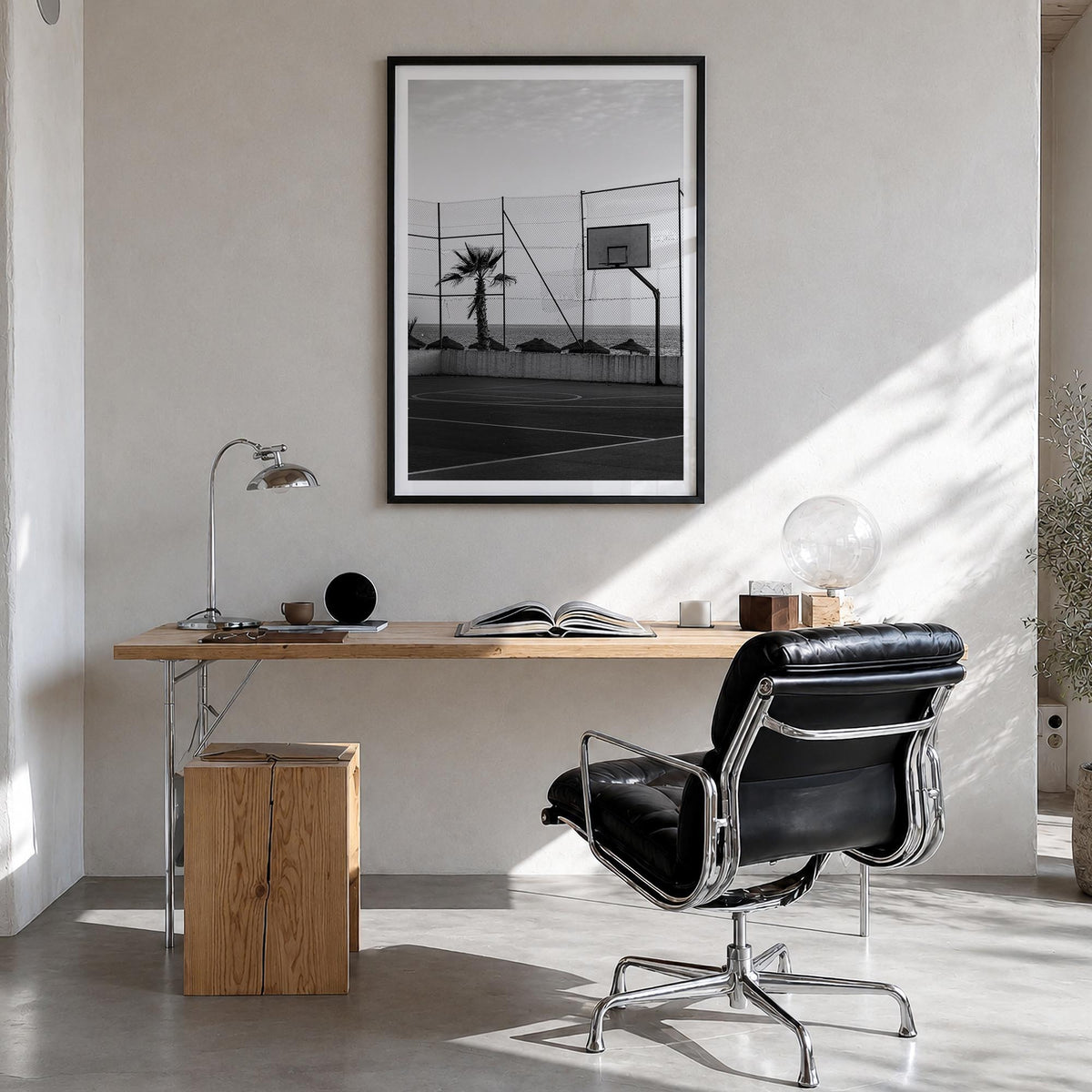 Basketball Court no. 3 black & white photo poster – vertical wall art in black wood frame with white border, hanging on wall