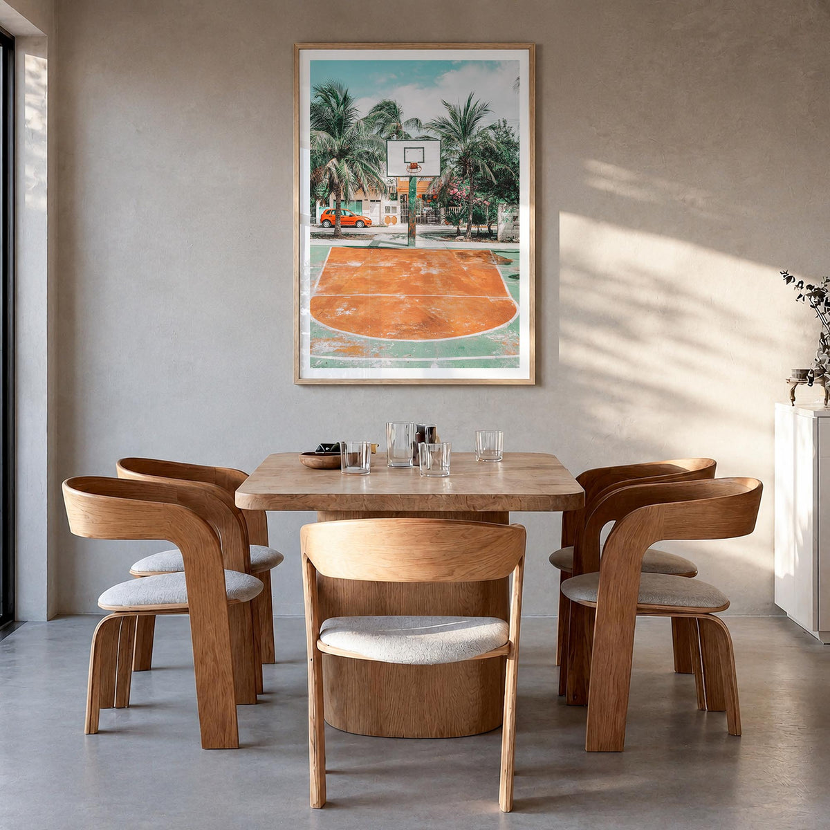 Basketball Court no. 3 colorful photo poster – vertical wall art in natural wood frame with white border, hanging on wall