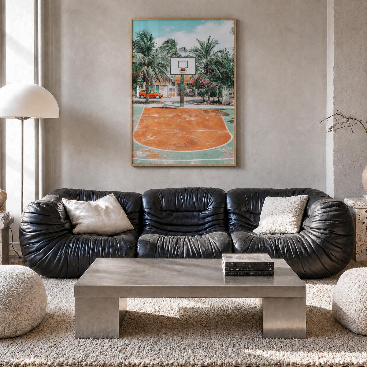 Basketball Court no. 3 colorful photo poster – vertical wall art in natural wood frame, hanging on wall