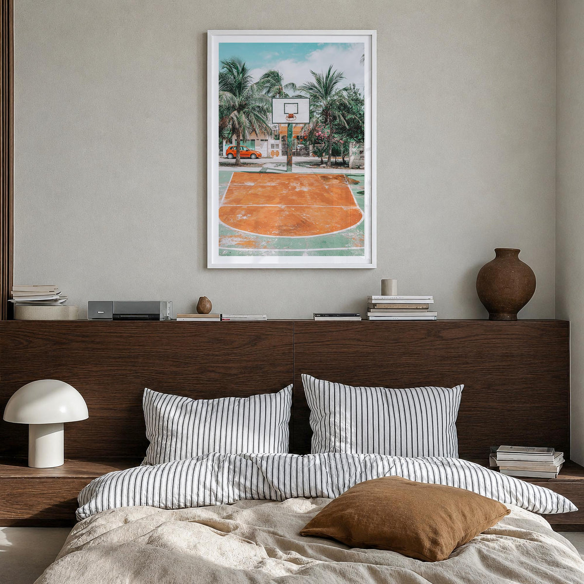 Basketball Court no. 3 colorful photo poster – vertical wall art in white wood frame with white border, hanging on wall