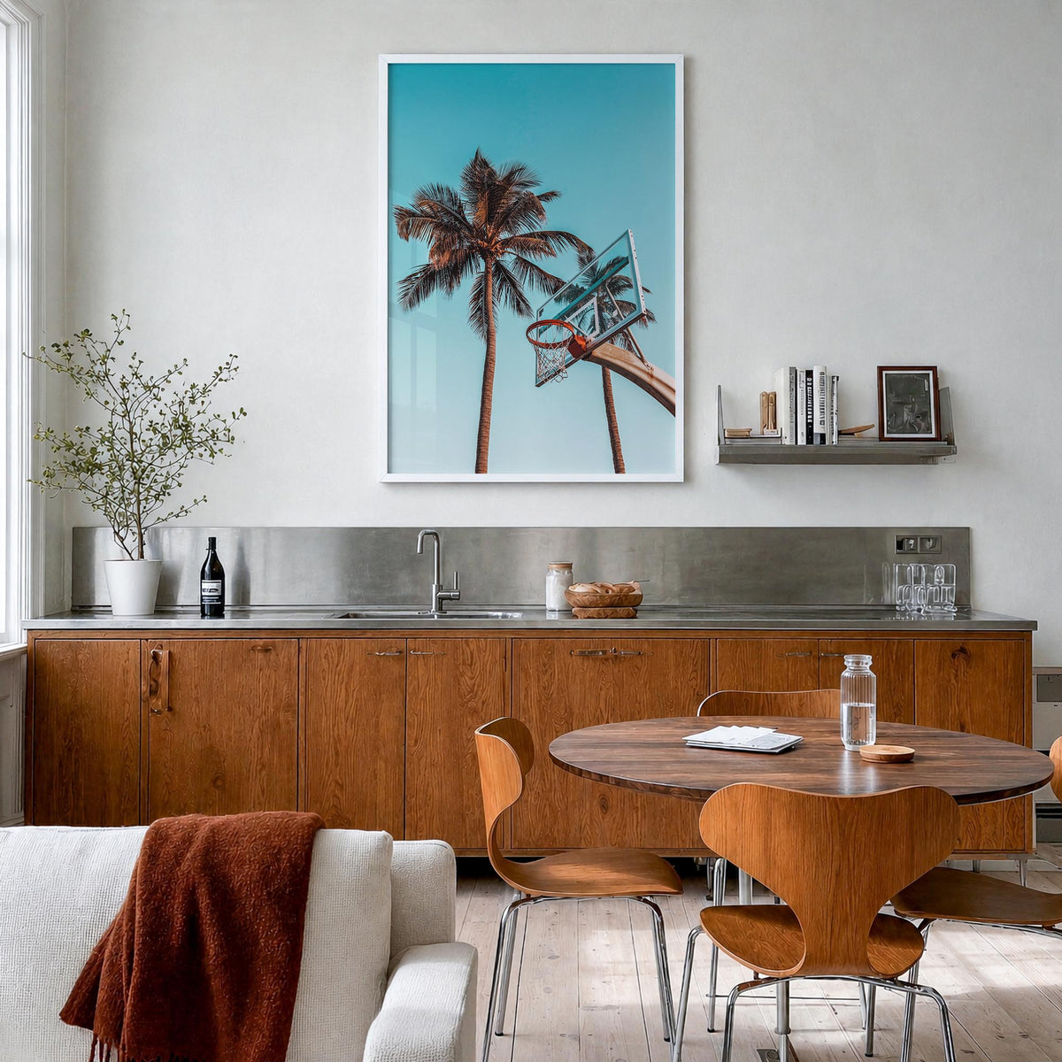 Basketball Court no. 4 colorful photo poster – vertical wall art in white wood frame, hanging on wall