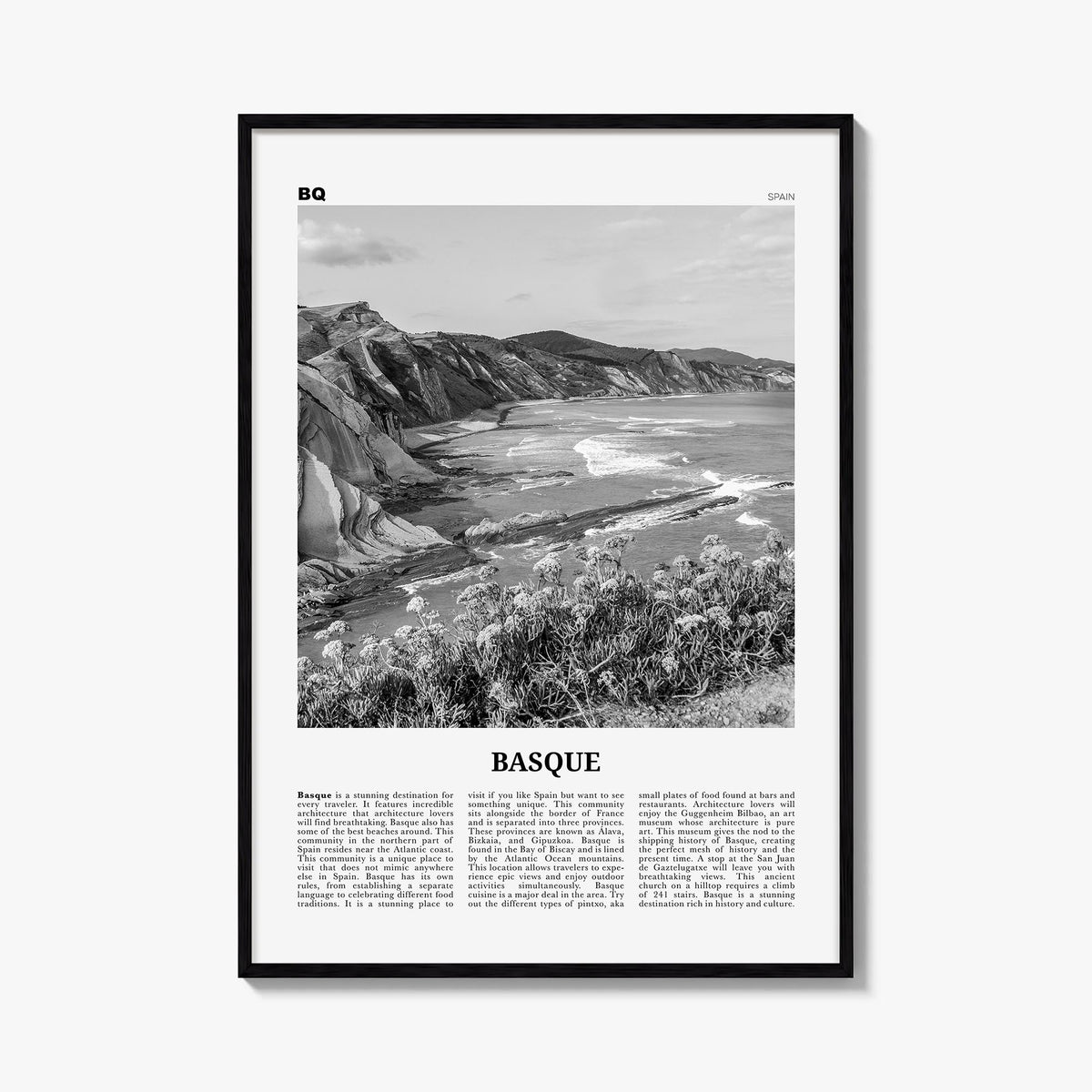 Basque Country black & white newspaper poster of Spain – vertical wall art, unframed print shown in interior mockup