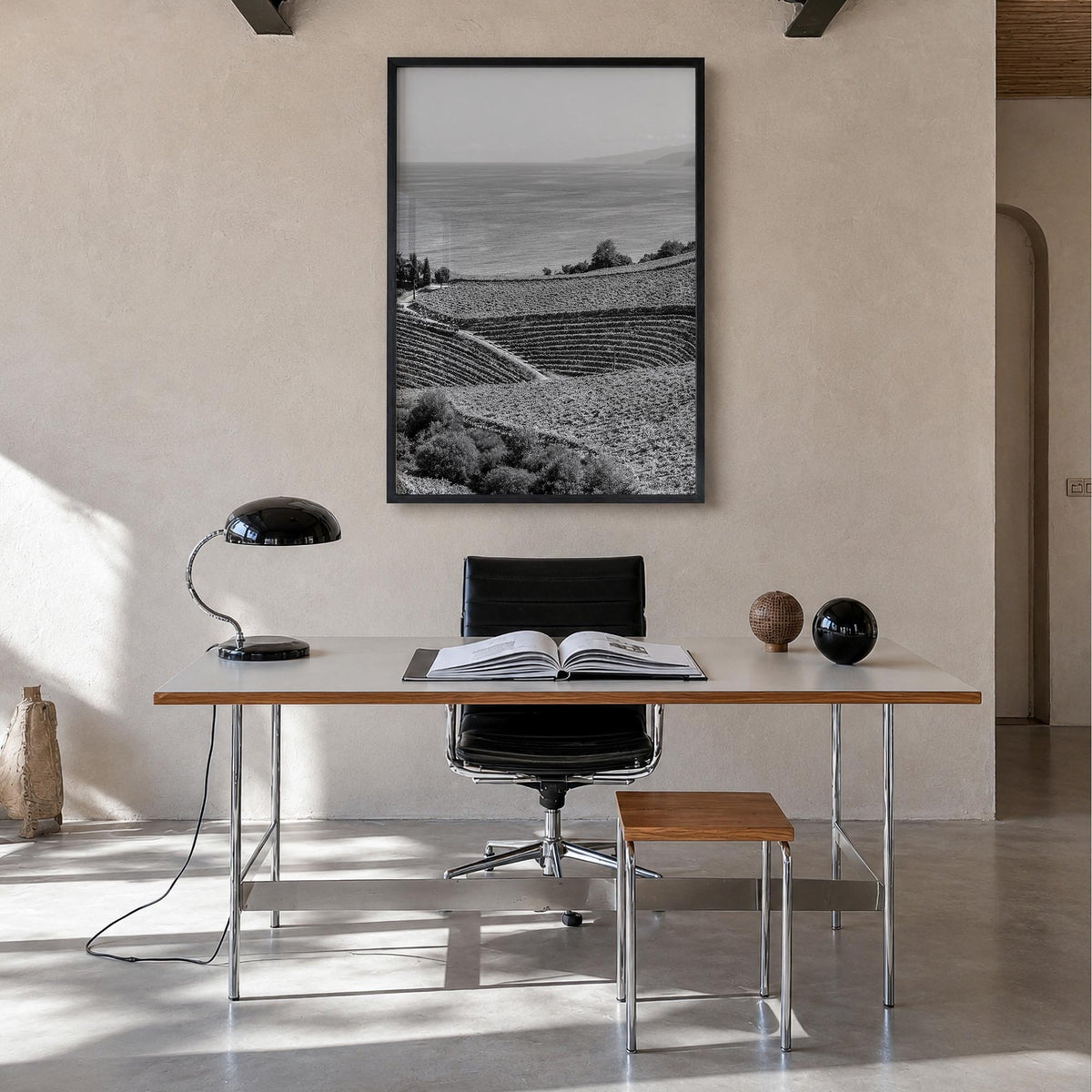 Basque Country black & white photo poster of Spain – vertical wall art in black wood frame, hanging on wall