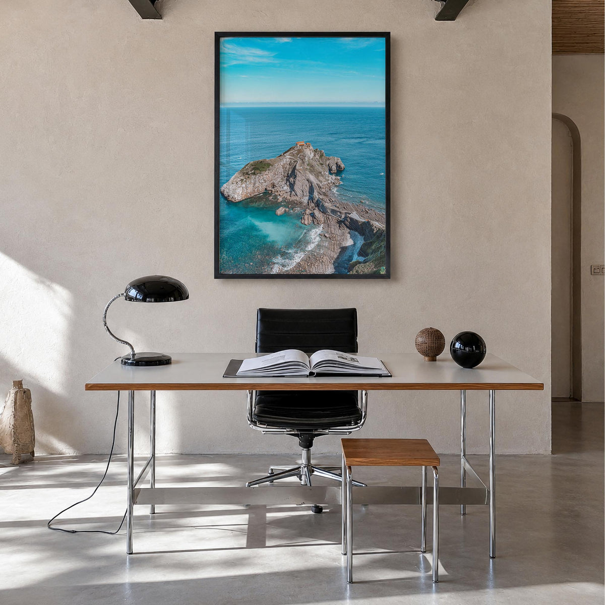 Basque Country colorful photo poster of Spain – vertical wall art in black wood frame, hanging on wall