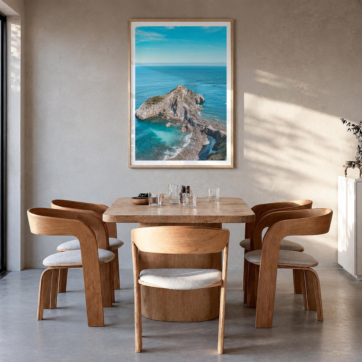 Basque Country colorful photo poster of Spain – vertical wall art in natural wood frame with white border, hanging on wall