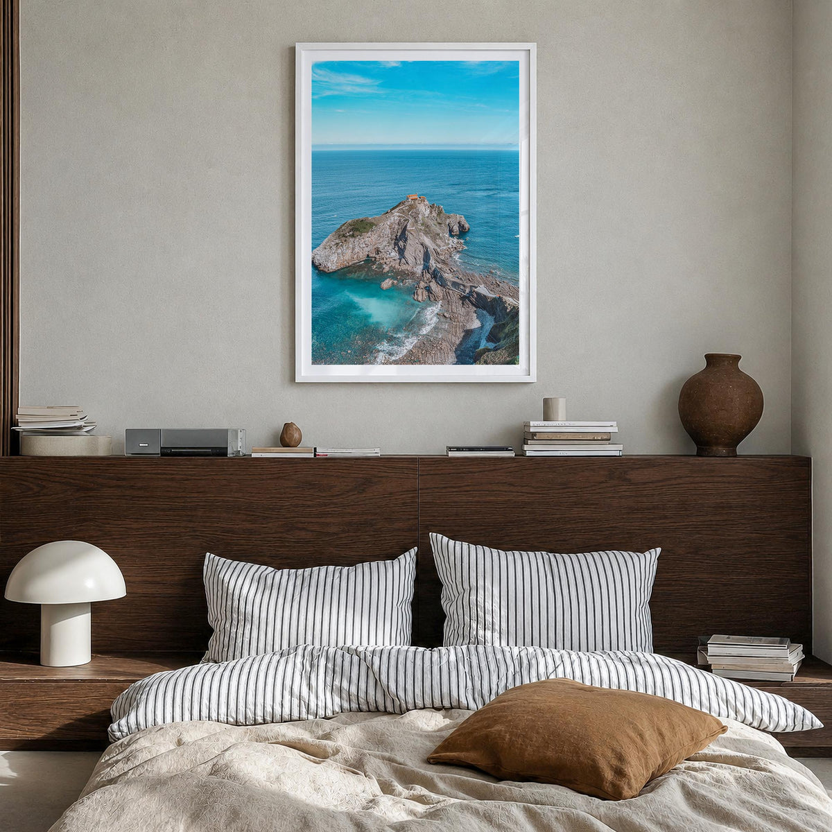 Basque Country colorful photo poster of Spain – vertical wall art in white wood frame with white border, hanging on wall