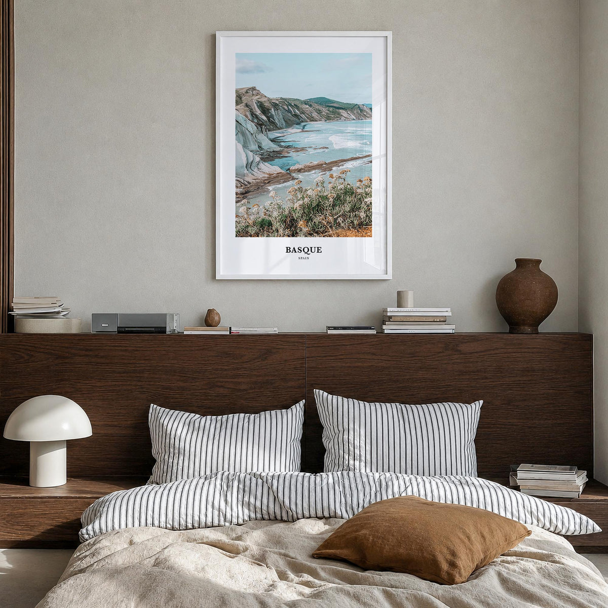 Basque Country no. 1 colorful classic poster of Spain – vertical wall art in white wood frame, hanging on wall