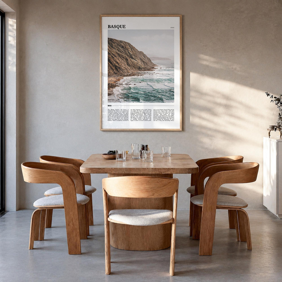 Basque Country no. 2 colorful travel poster of Spain – vertical wall art in natural wood frame, hanging on wall