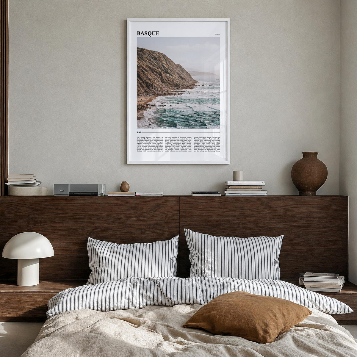 Basque Country no. 2 colorful travel poster of Spain – vertical wall art in white wood frame, hanging on wall