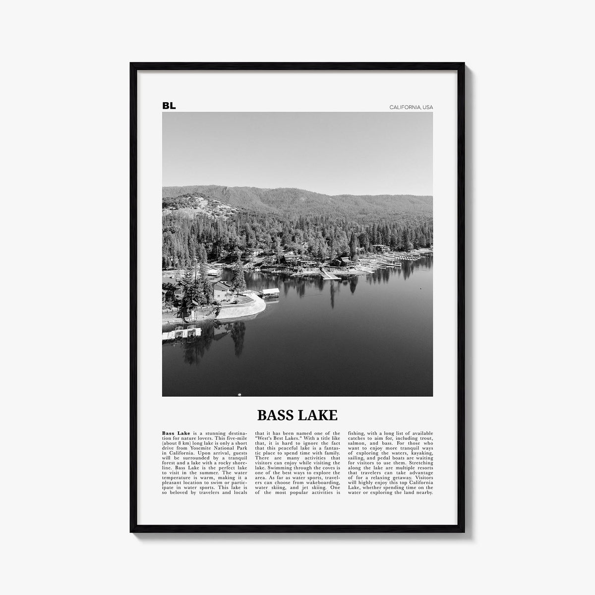 Bass Lake black & white newspaper poster of California, USA – vertical wall art, unframed print shown in interior mockup