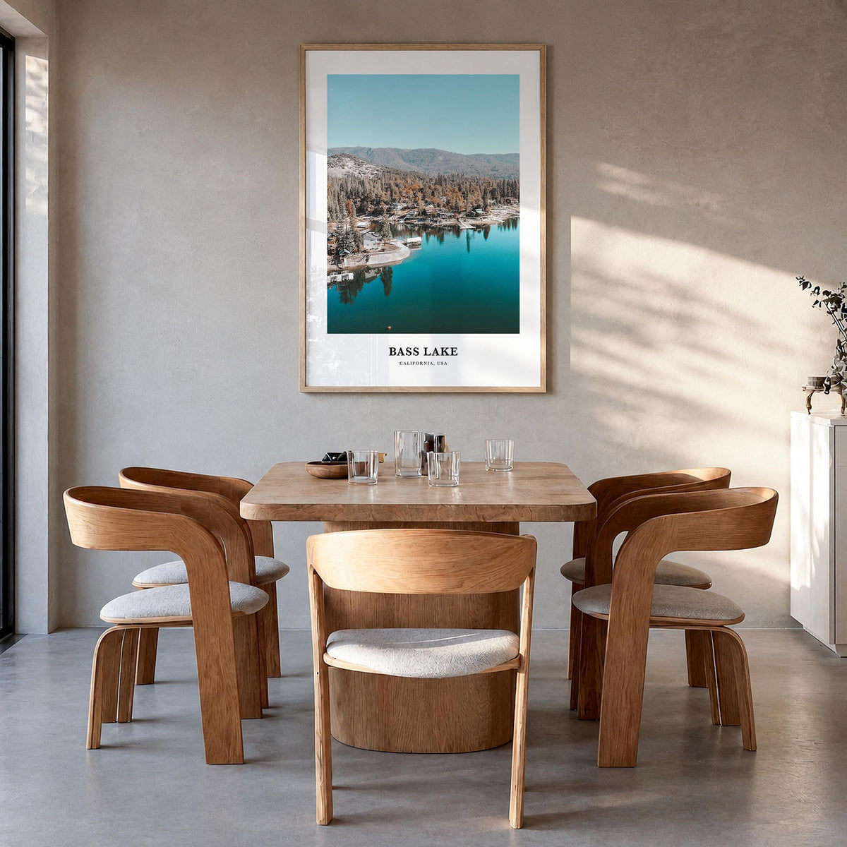 Bass Lake colorful classic poster of California, USA – vertical wall art in natural wood frame, hanging on wall