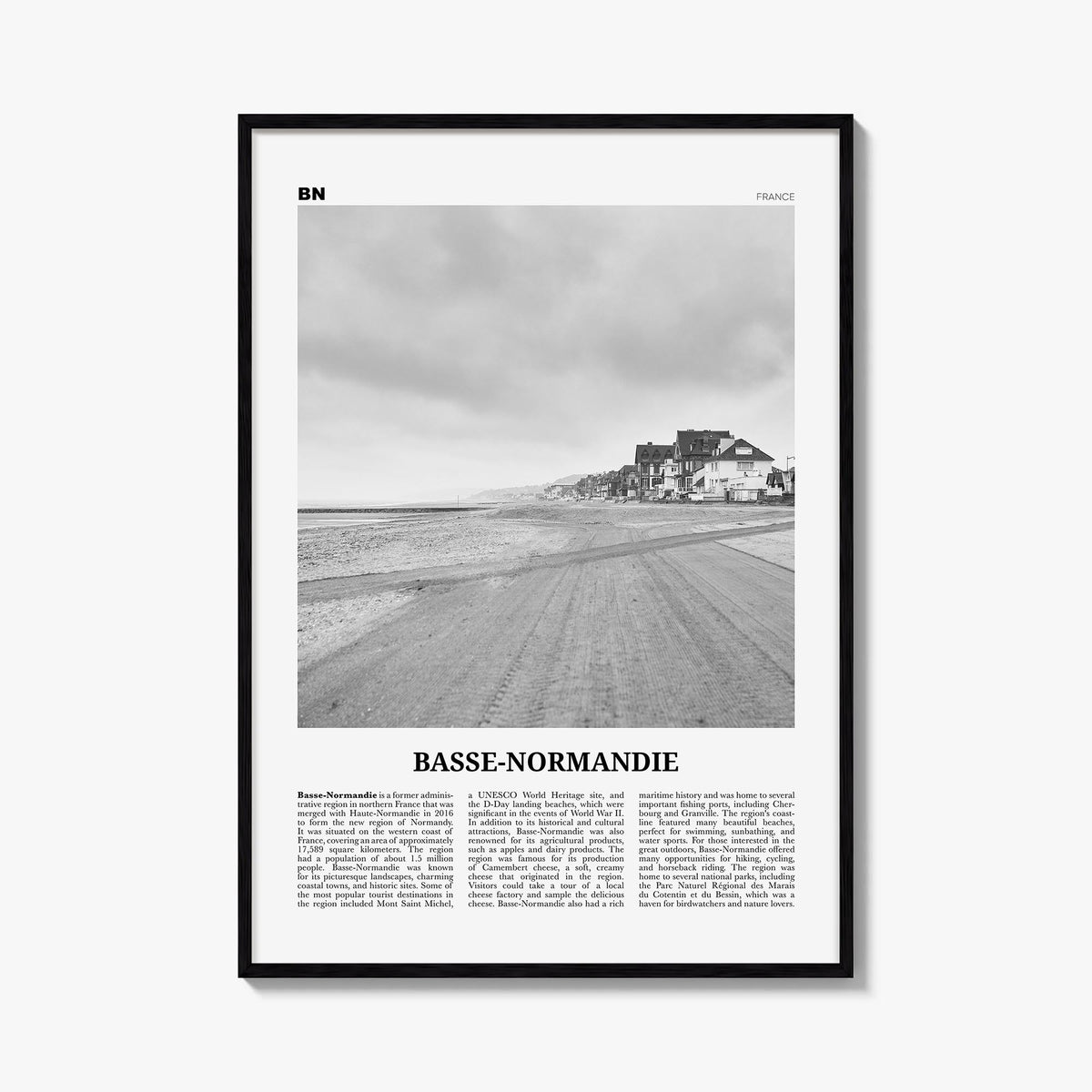 Lower Normandy no. 1 black & white newspaper poster of France – vertical wall art, unframed print shown in interior mockup