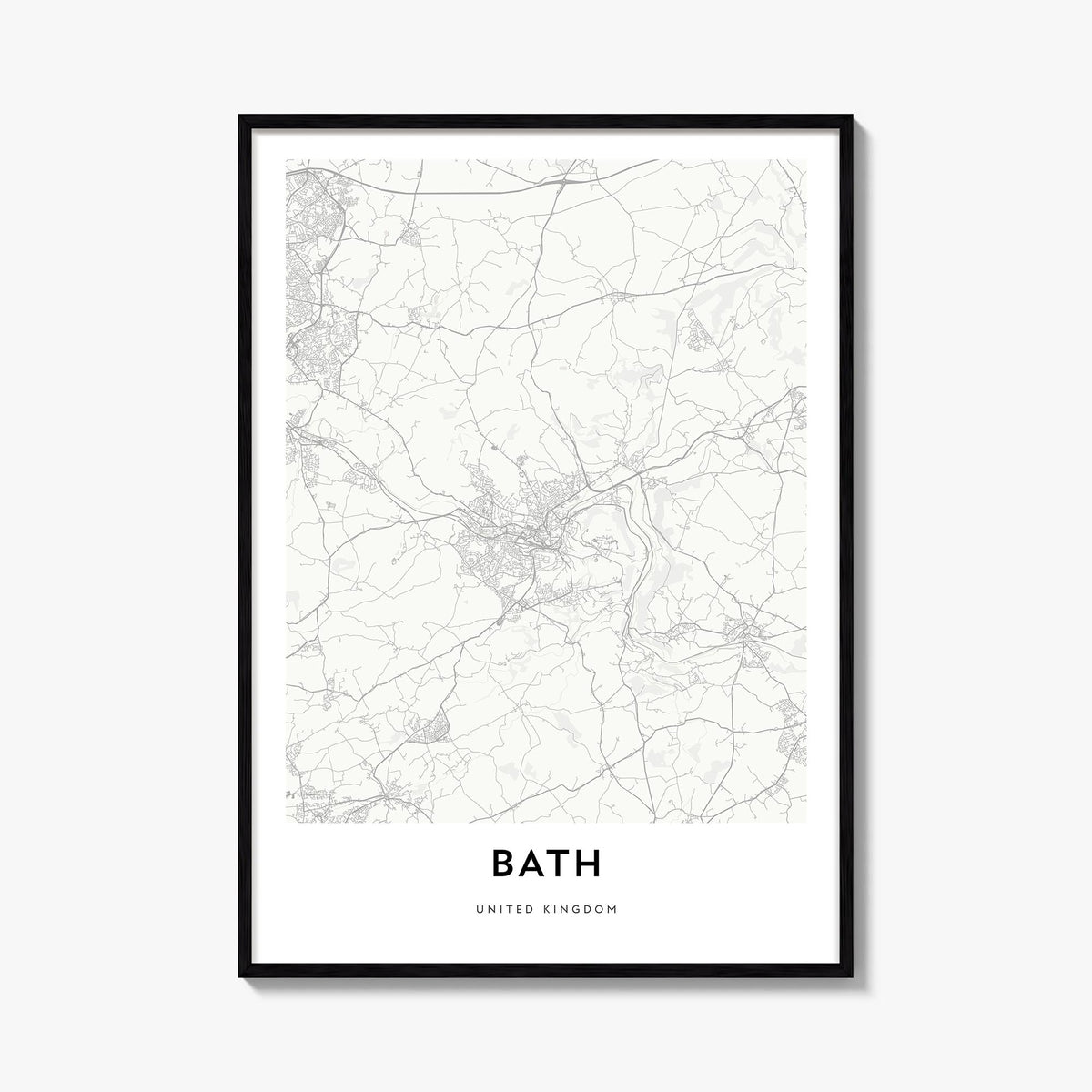 Bath black & white map poster of England, UK – vertical wall art, unframed print shown in interior mockup