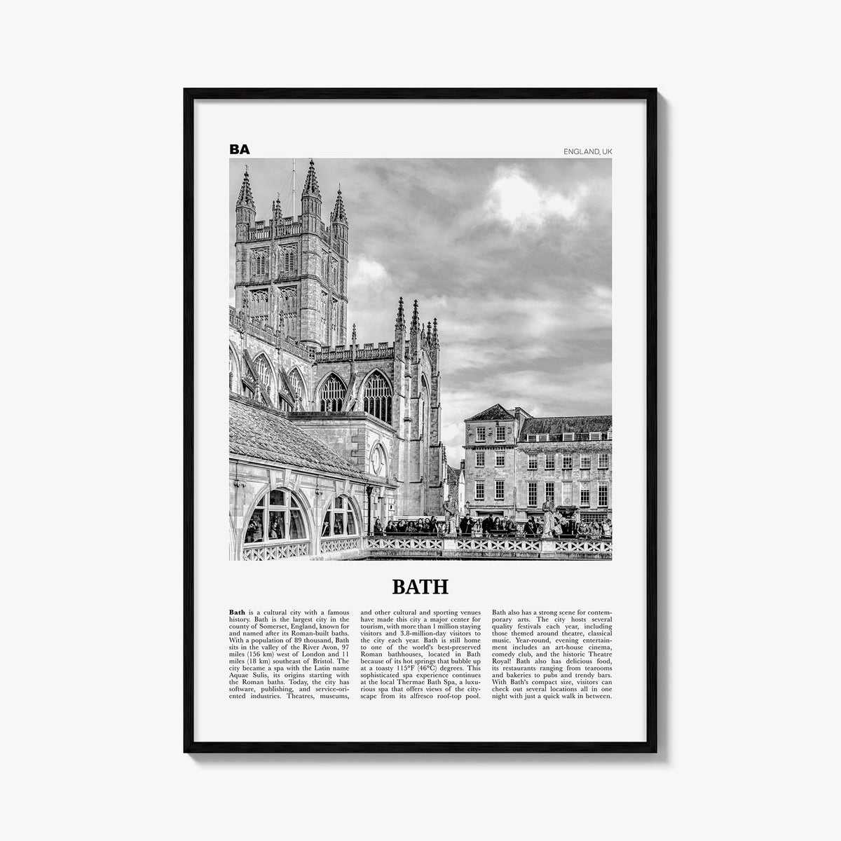 Bath black & white newspaper poster of England, UK – vertical wall art, unframed print shown in interior mockup