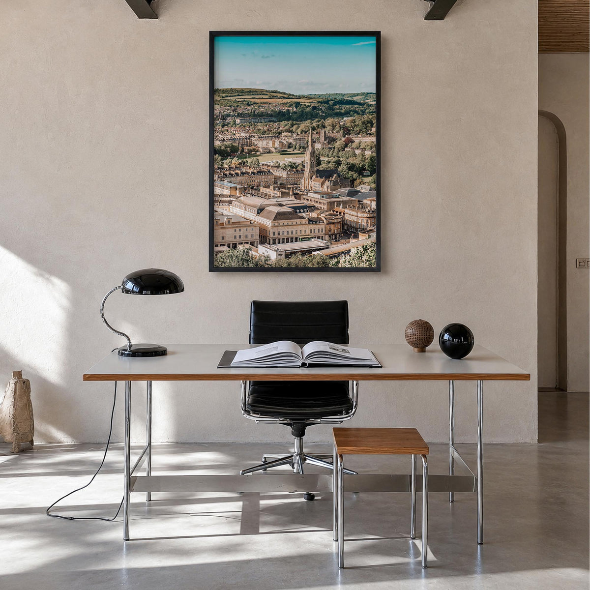 Bath colorful photo poster of England, UK – vertical wall art in black wood frame, hanging on wall
