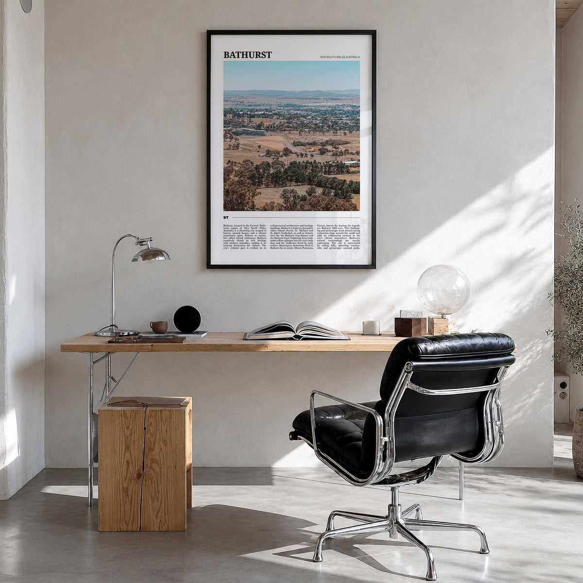 Bathurst colorful travel poster of Australia – vertical wall art in black wood frame, hanging on wall