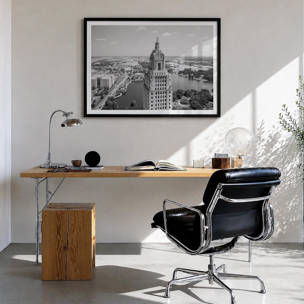 Baton Rouge black & white photo poster of Louisiana, USA – horizontal wall art in black wood frame with white border, hanging