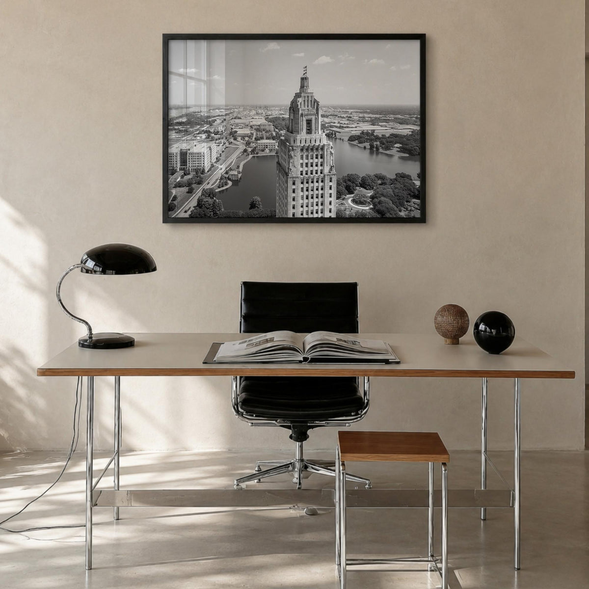 Baton Rouge black & white photo poster of Louisiana, USA – horizontal wall art in black wood frame, hanging on wall