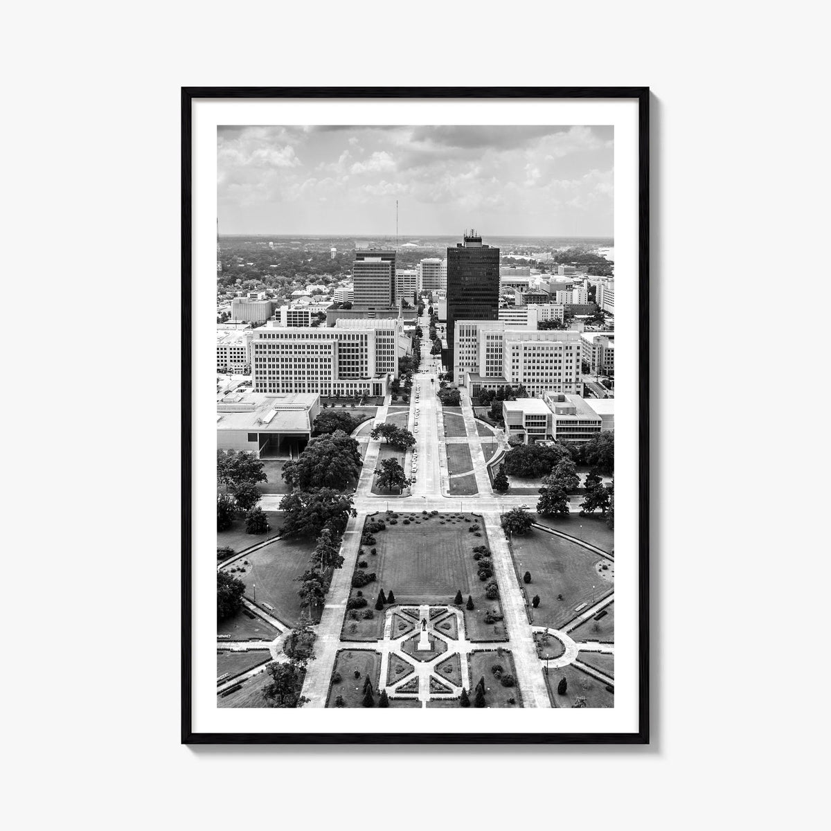 Baton Rouge black & white photo poster of Louisiana, USA – vertical wall art, unframed print shown in interior mockup