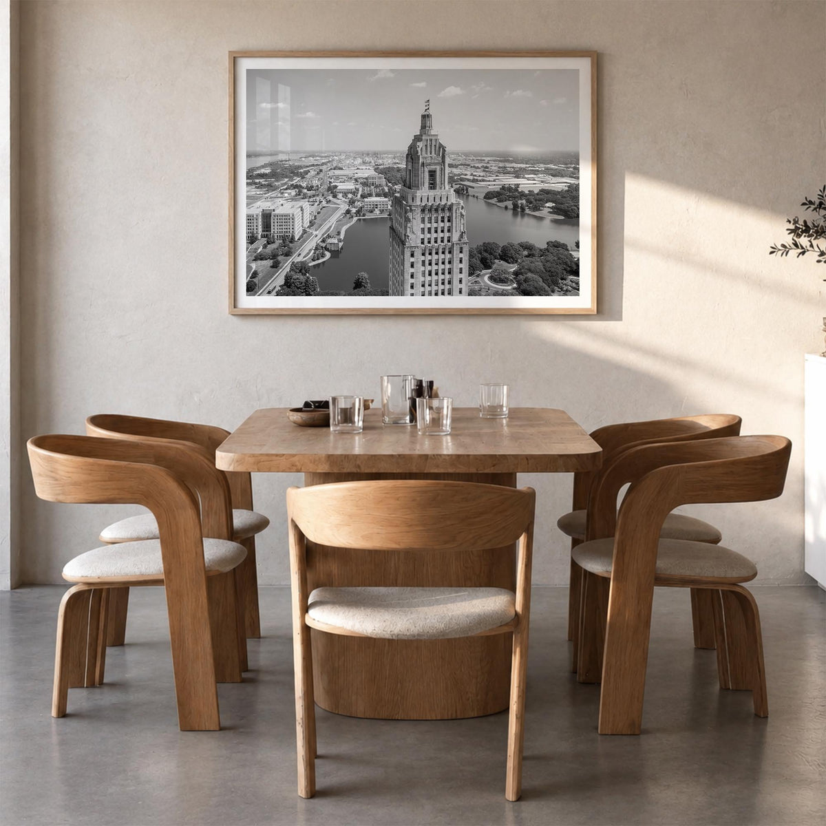 Baton Rouge black & white photo poster of Louisiana, USA – horizontal wall art in natural wood frame with white border, hangi