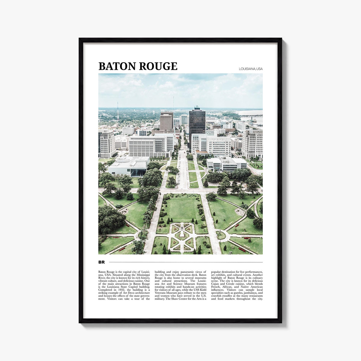 Baton Rouge colorful travel poster of Louisiana, USA – vertical wall art, unframed print shown in interior mockup