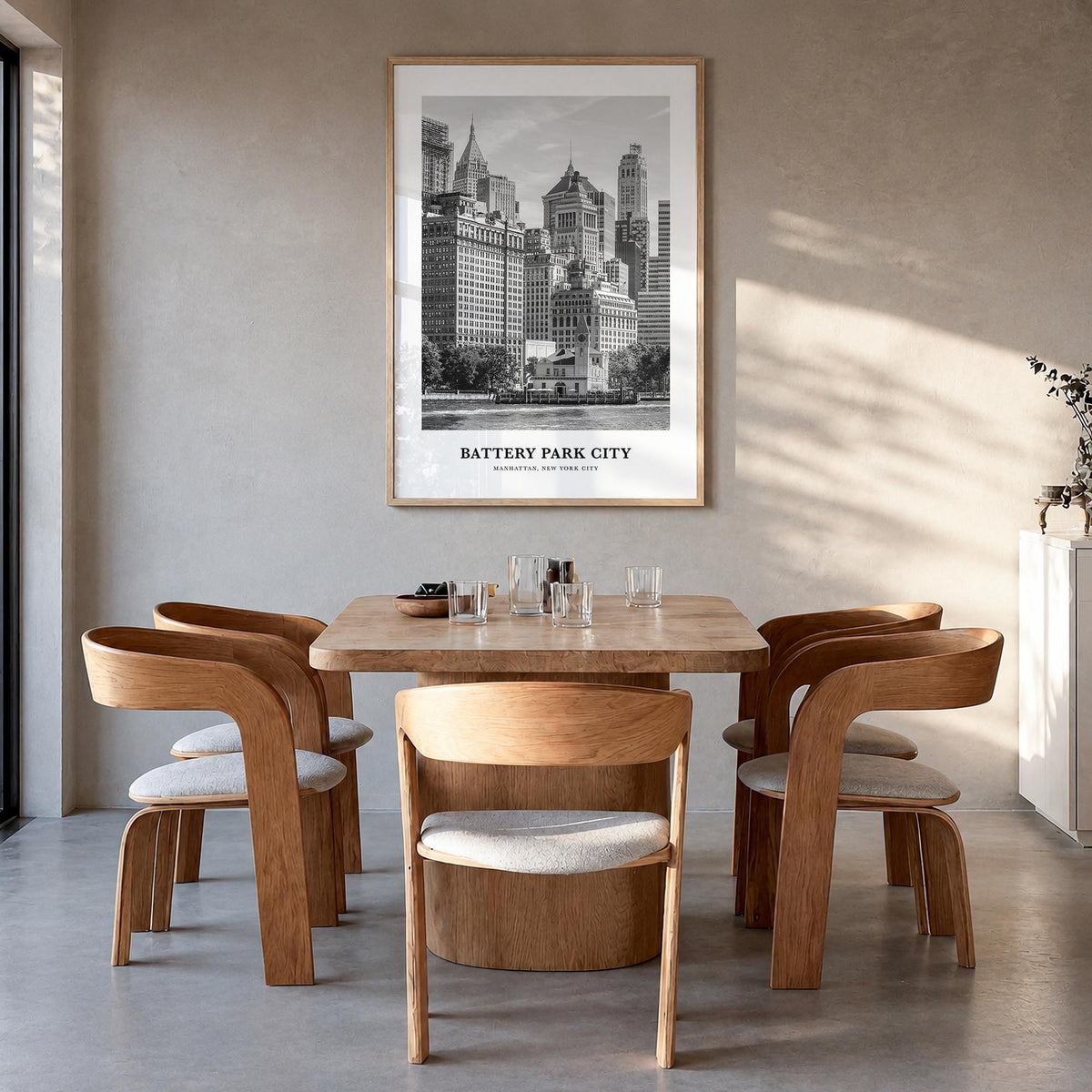 Battery Park City black & white classic poster of Manhattan, New York City – vertical wall art in natural wood frame, hanging