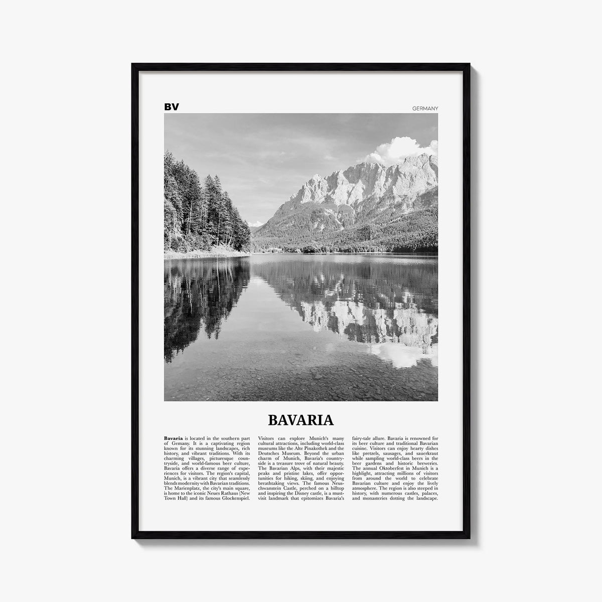 Bavaria no. 1 black & white newspaper poster of Germany – vertical wall art, unframed print shown in interior mockup