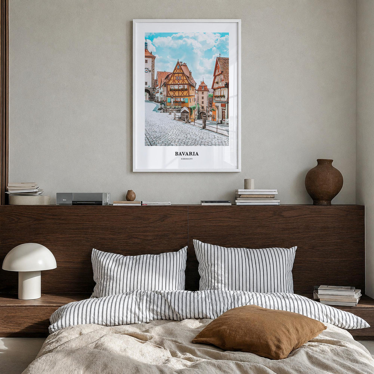 Bavaria colorful classic poster of Germany – vertical wall art in white wood frame, hanging on wall