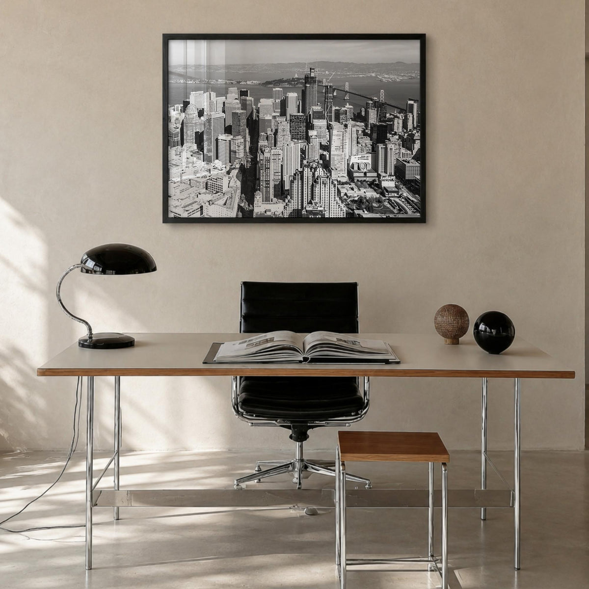 Bay Area black & white photo poster of California, USA – horizontal wall art in black wood frame, hanging on wall