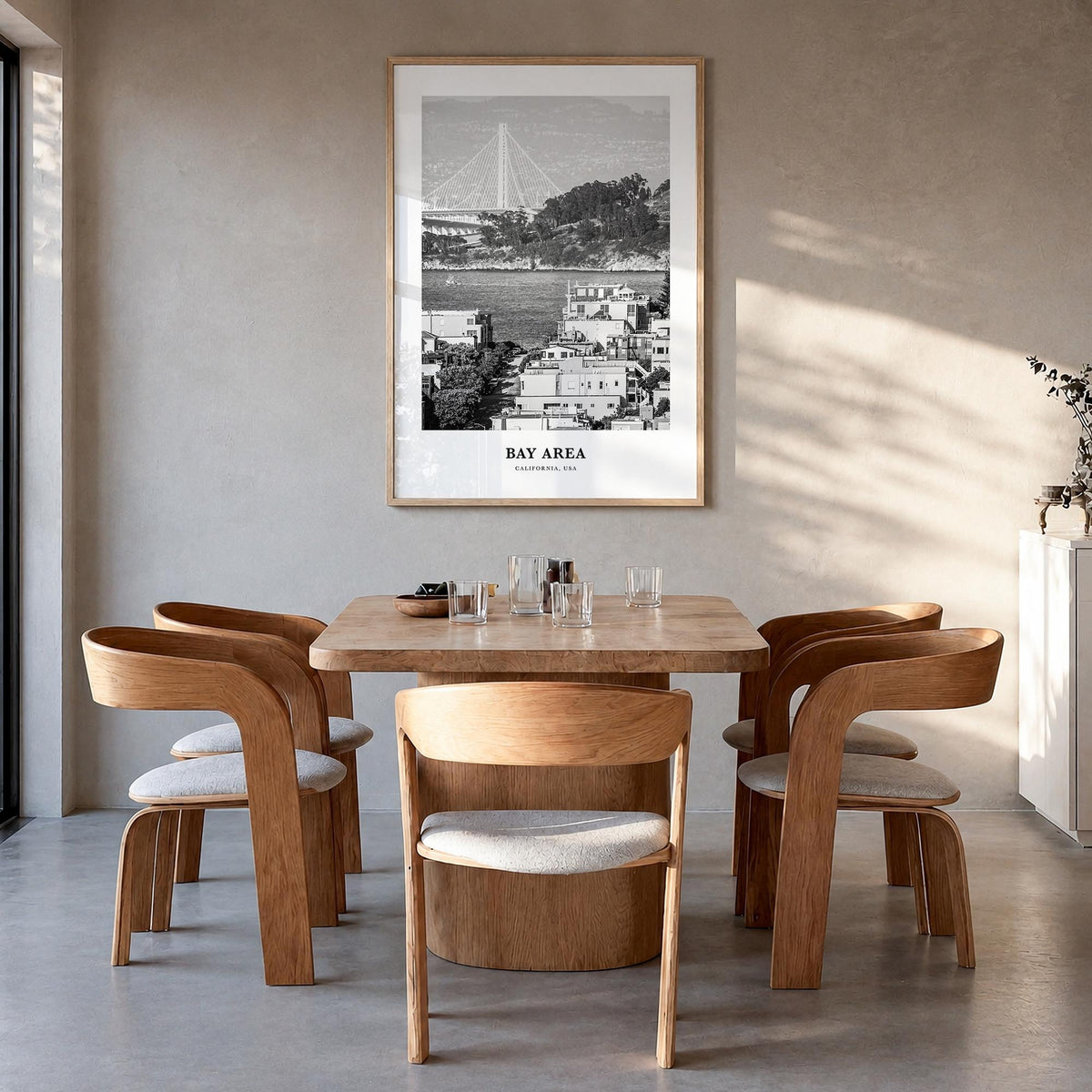 Bay Area no. 1 black & white classic poster of California, USA – vertical wall art in natural wood frame, hanging on wall