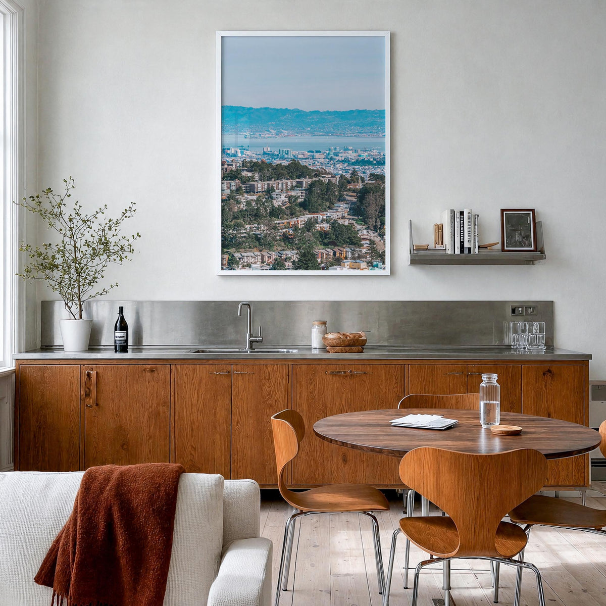 Bay Area no. 1 colorful photo poster of California, USA – vertical wall art in white wood frame, hanging on wall