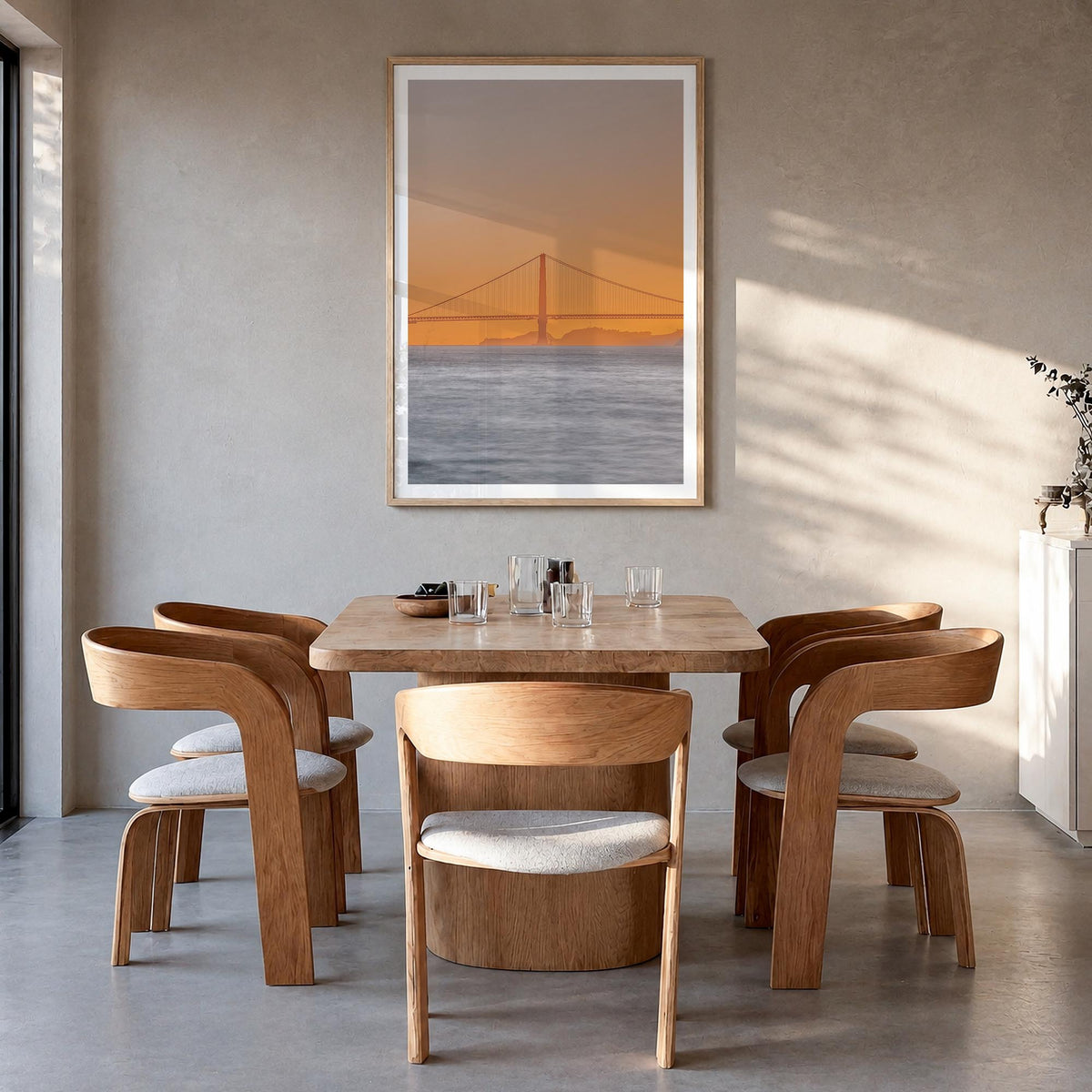 Bay Area no. 2 colorful photo poster of California, USA – vertical wall art in natural wood frame with white border, hanging