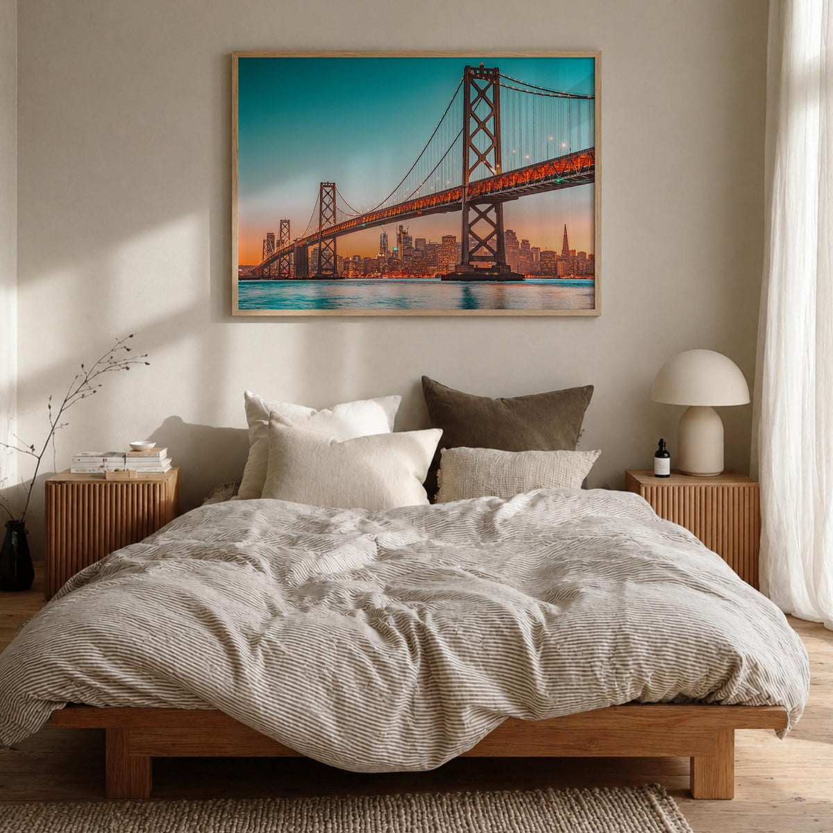 Bay Area no. 2 colorful photo poster of California, USA – horizontal wall art in natural wood frame, hanging on wall