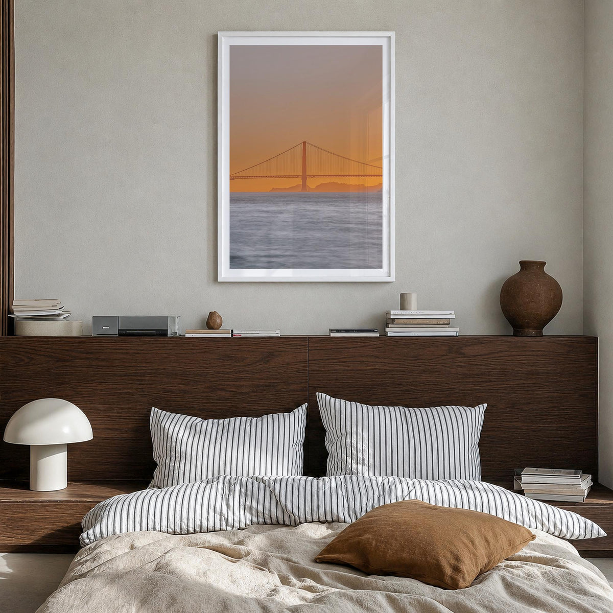 Bay Area no. 2 colorful photo poster of California, USA – vertical wall art in white wood frame with white border, hanging on