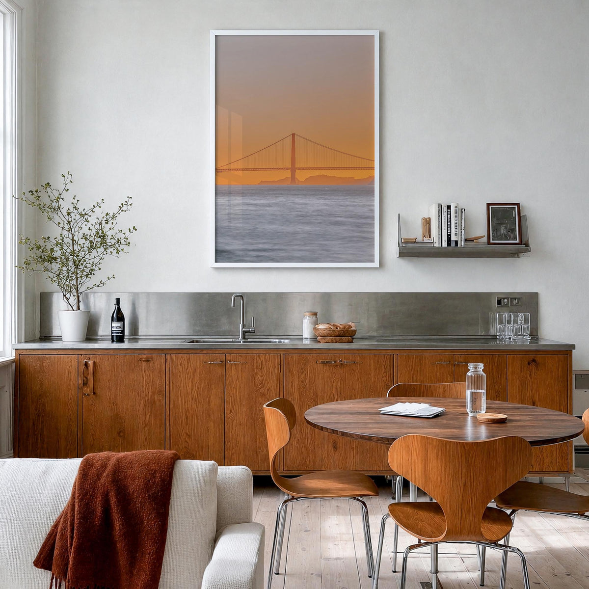Bay Area no. 2 colorful photo poster of California, USA – vertical wall art in white wood frame, hanging on wall