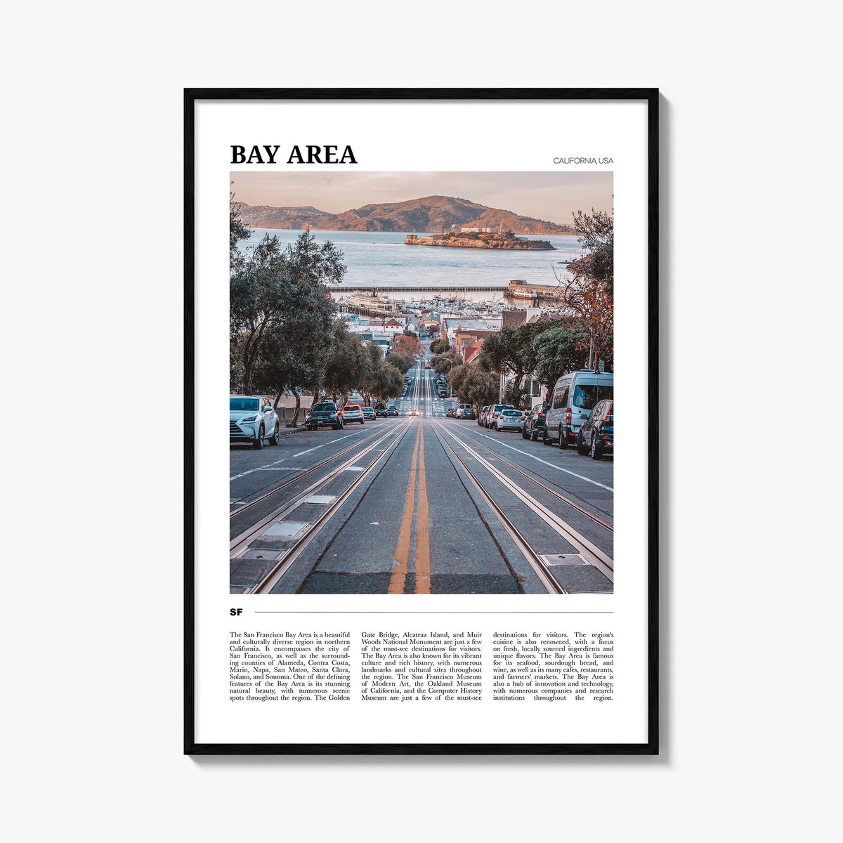Bay Area no. 2 colorful travel poster of California, USA – vertical wall art, unframed print shown in interior mockup