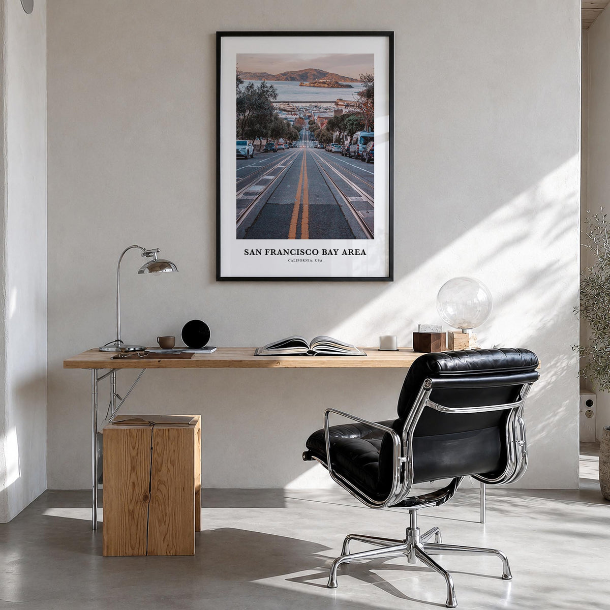 Bay Area no. 3 colorful classic poster of California, USA – vertical wall art in black wood frame, hanging on wall