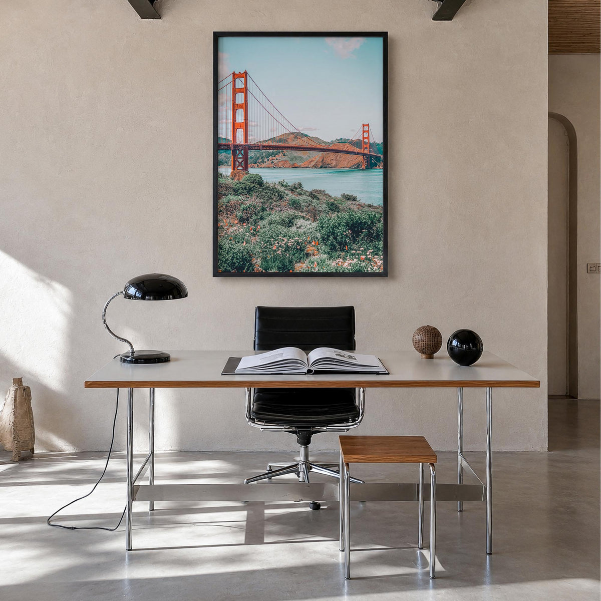 Bay Area no. 3 colorful photo poster of California, USA – vertical wall art in black wood frame, hanging on wall