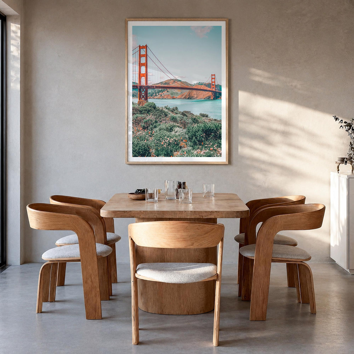 Bay Area no. 3 colorful photo poster of California, USA – vertical wall art in natural wood frame with white border, hanging