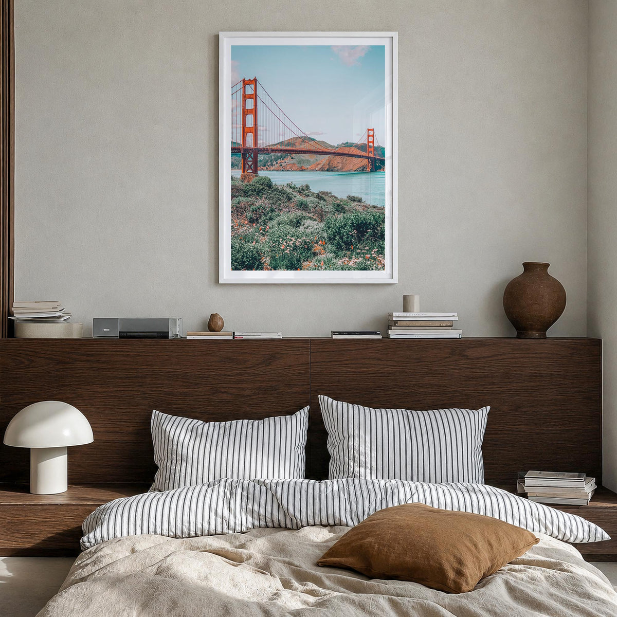 Bay Area no. 3 colorful photo poster of California, USA – vertical wall art in white wood frame with white border, hanging on
