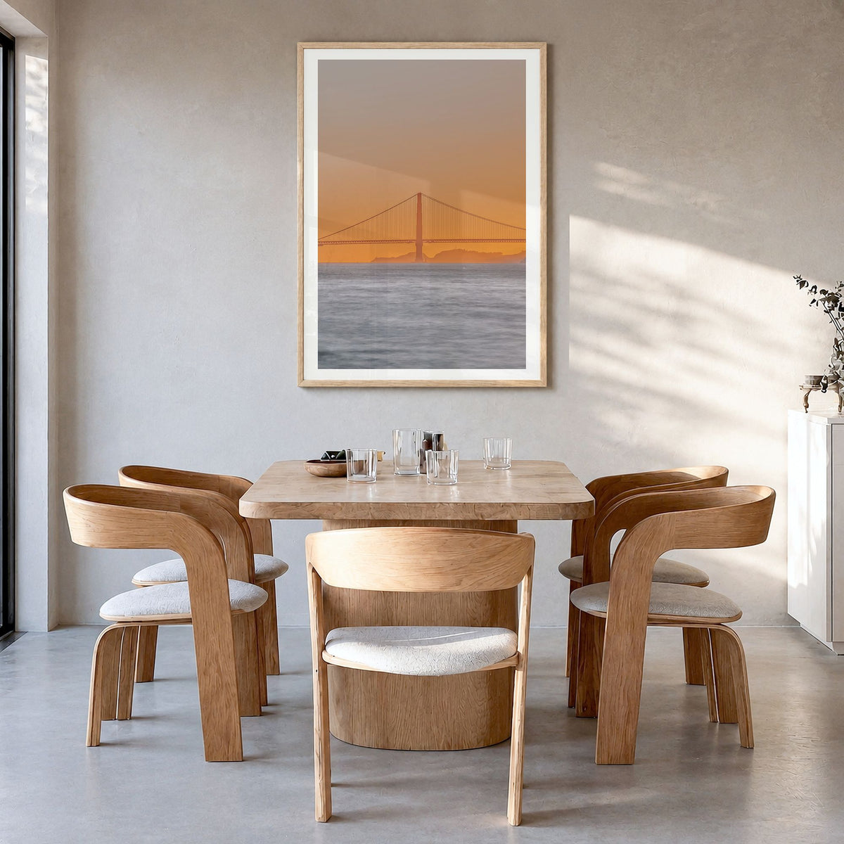 Bay Area Photo No 2 Poster in a natural wood frame, hanging in a dining room, white border