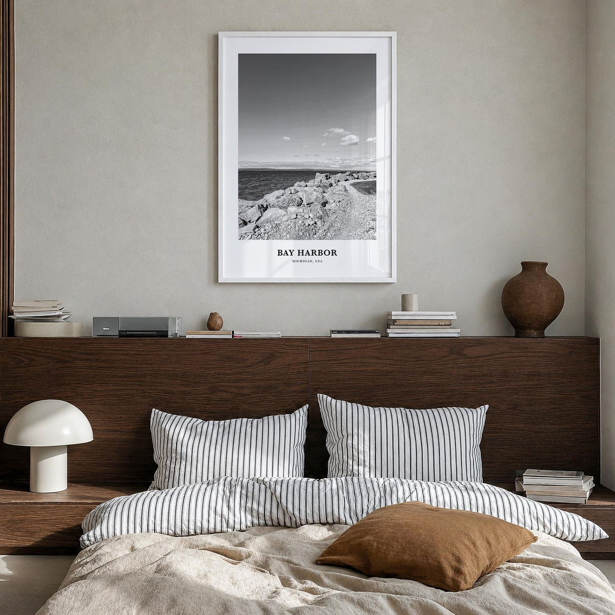Bay Harbor black & white classic poster of Michigan, USA – vertical wall art in white wood frame, hanging on wall