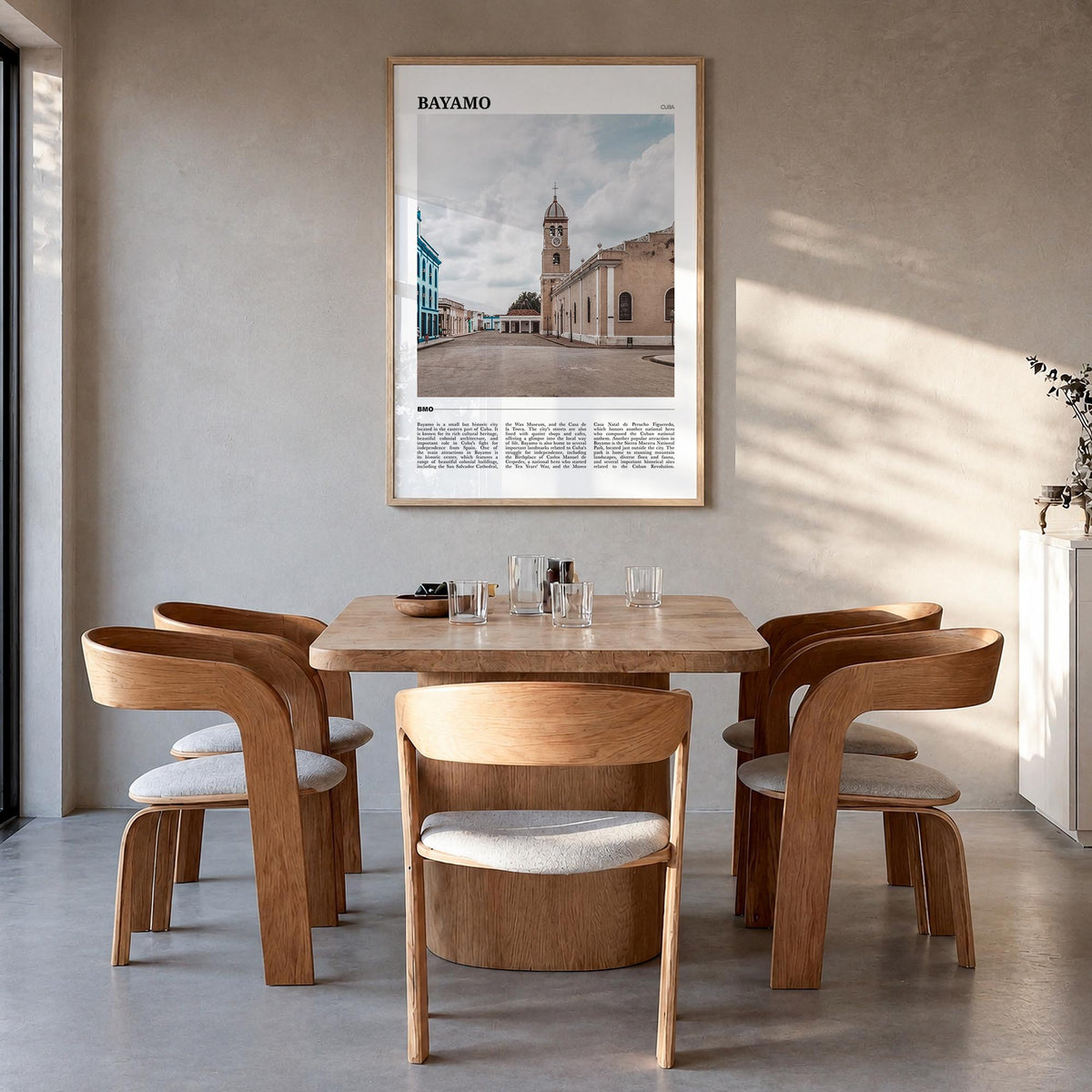 Bayamo colorful travel poster of Cuba – vertical wall art in natural wood frame, hanging on wall