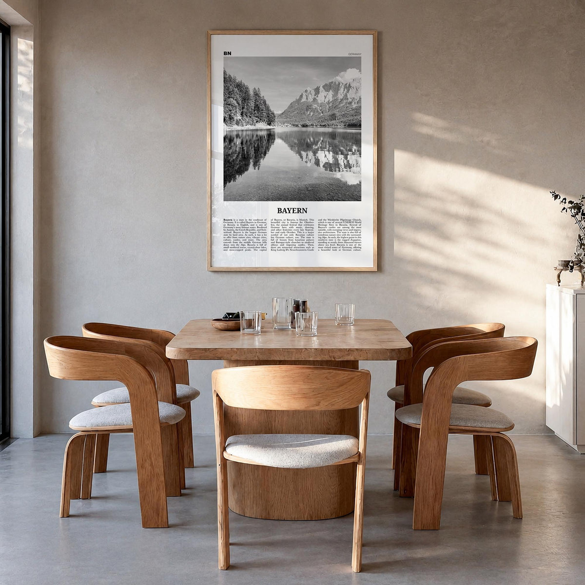 Bavaria no. 2 black & white newspaper poster of Bayern, Germany – vertical wall art in natural wood frame, hanging on wall