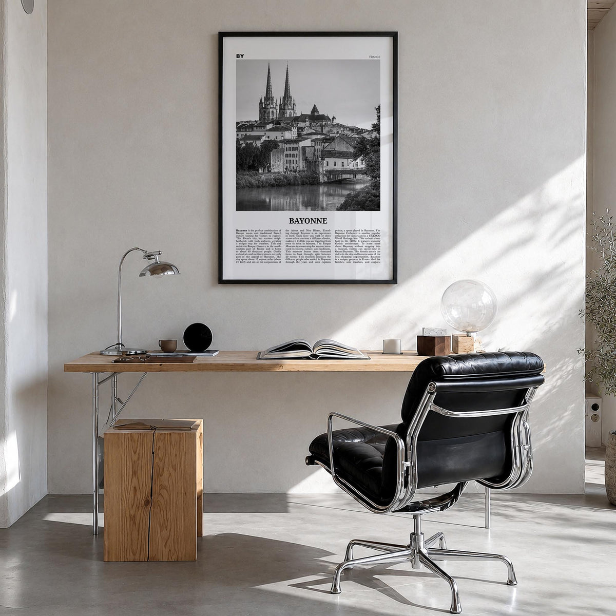 Bayonne, France black & white newspaper poster of France – vertical wall art in black wood frame, hanging on wall