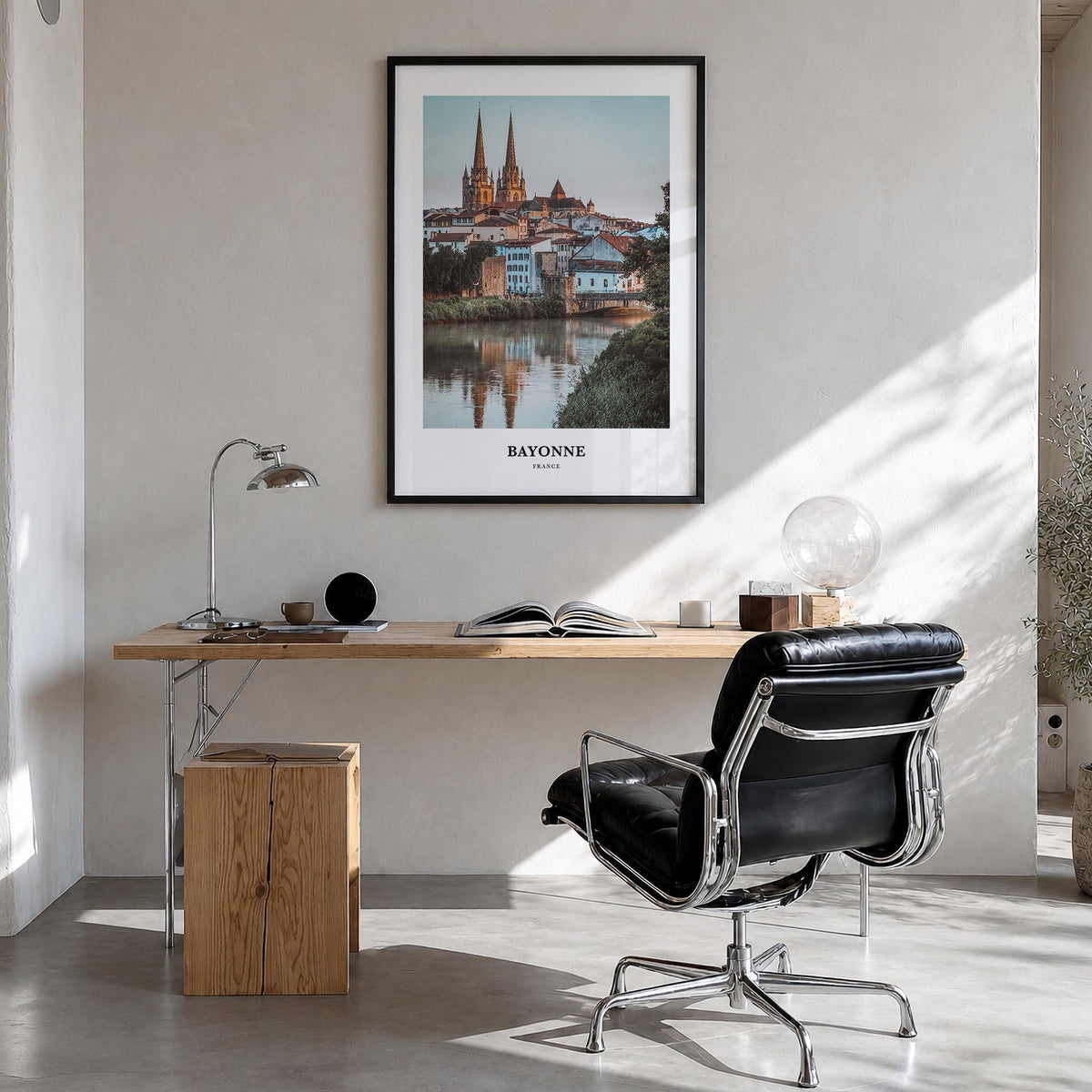 Bayonne, France colorful classic poster of France – vertical wall art in black wood frame, hanging on wall