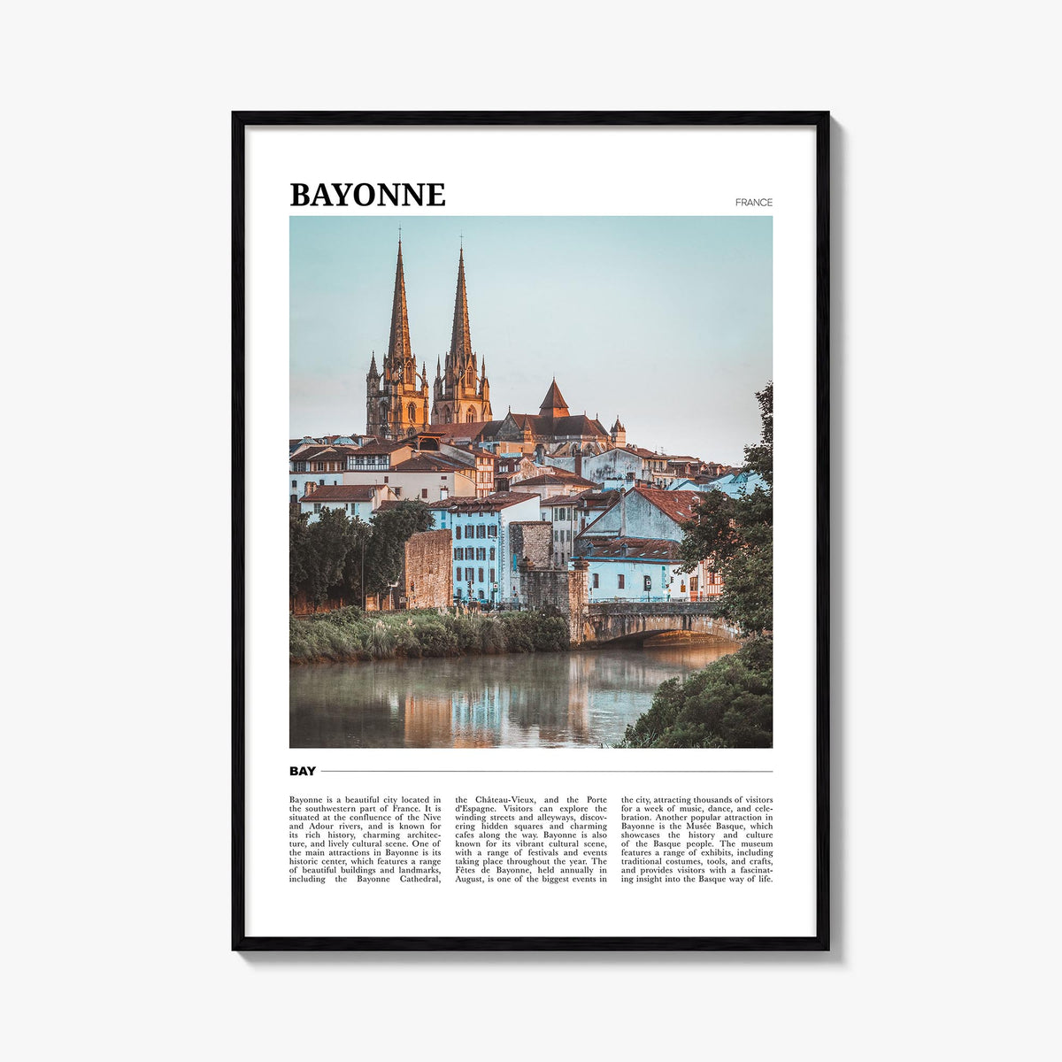 Bayonne, France colorful travel poster of France – vertical wall art, unframed print shown in interior mockup
