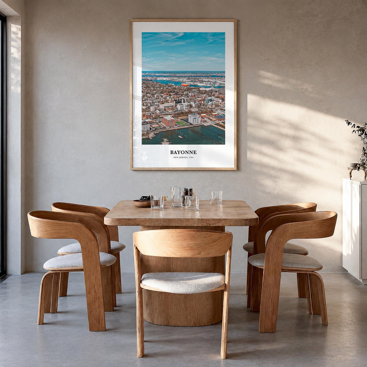 Bayonne, New Jersey colorful classic poster of New Jersey, USA – vertical wall art in natural wood frame, hanging on wall